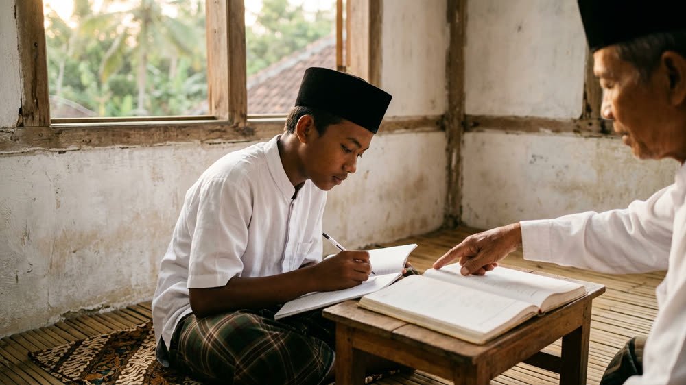 Santri menulis catatan di samping kitab, dibimbing seorang ustadz