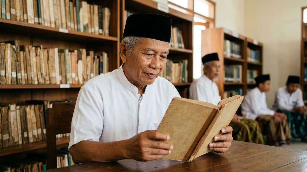 Seorang ustadz membaca kitab klasik di perpustakaan pondok