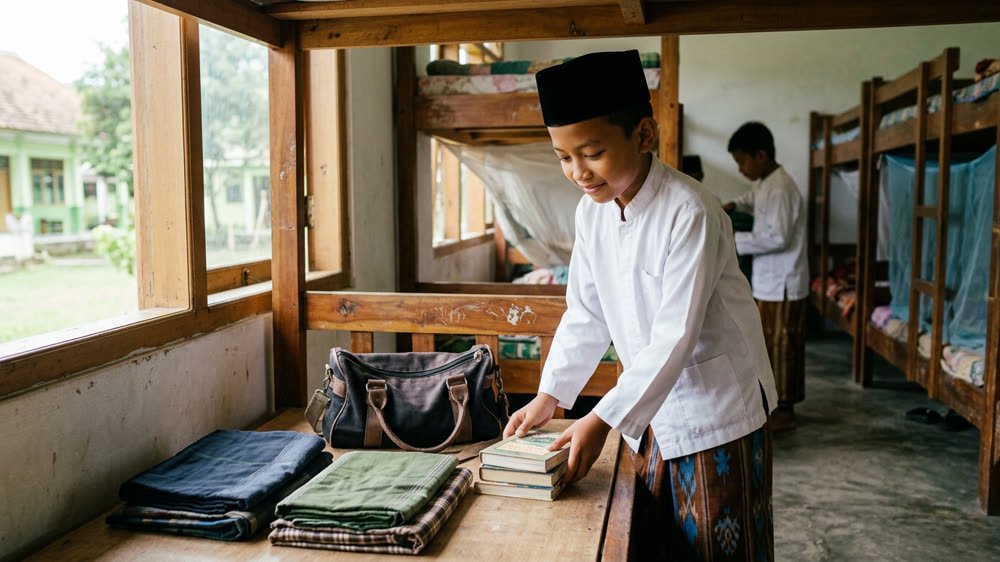 Seorang anak menata sarung dan buku di kamar asrama pada hari pertama