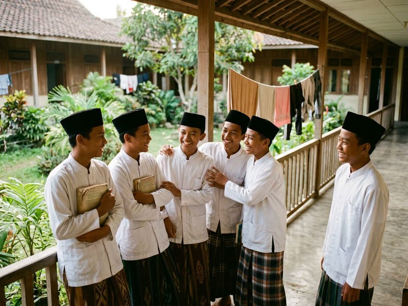 Santri beristirahat di serambi asrama