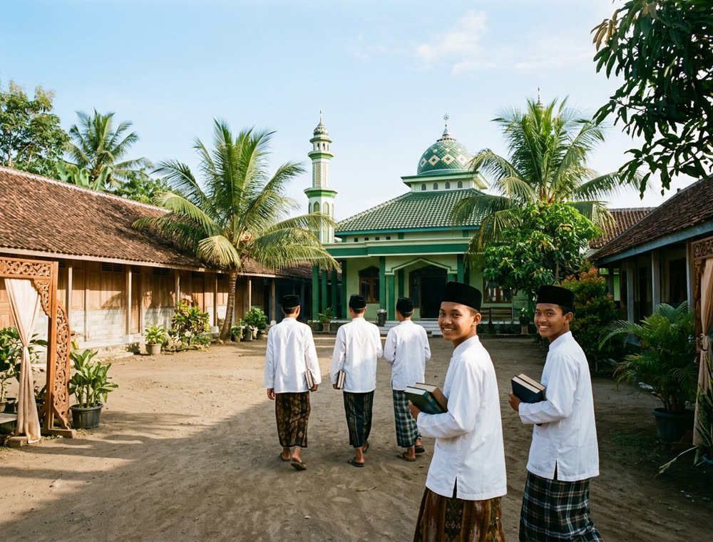 Halaman dan masjid pondok pada pagi hari