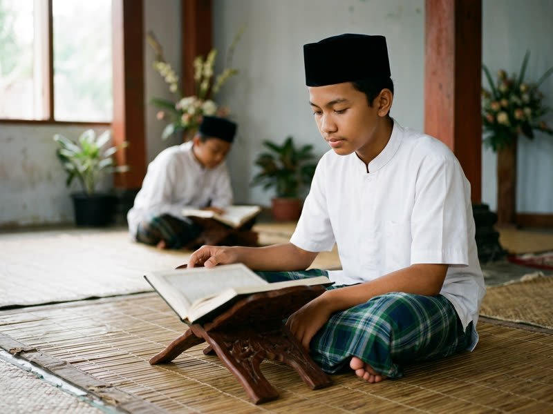 Santri menyetorkan hafalan di hadapan pembimbing