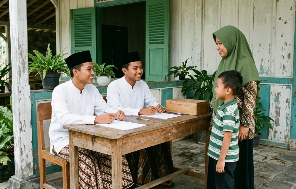 Panitia pendaftaran menyambut wali santri dan calon santri di serambi pondok