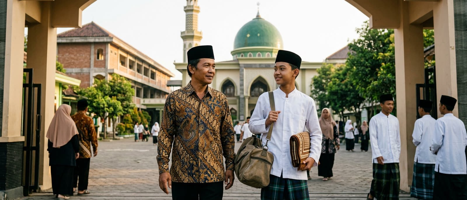 Wali santri mengantar putranya memasuki gerbang pondok pesantren