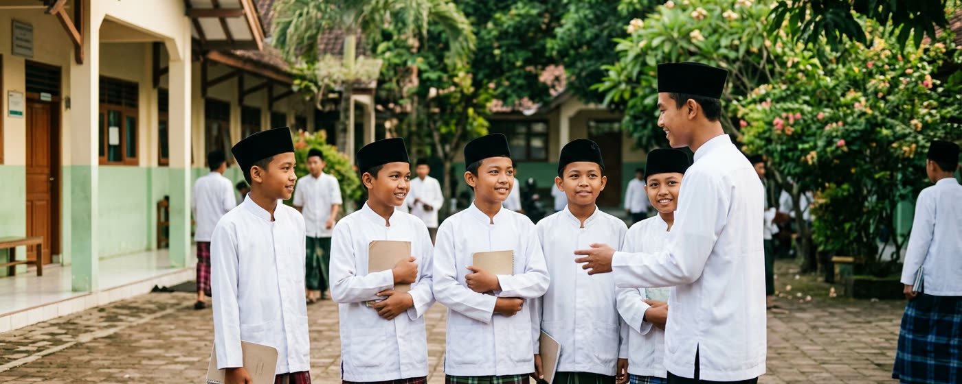 Santri baru disambut kakak kelas di halaman pondok pada hari pertama