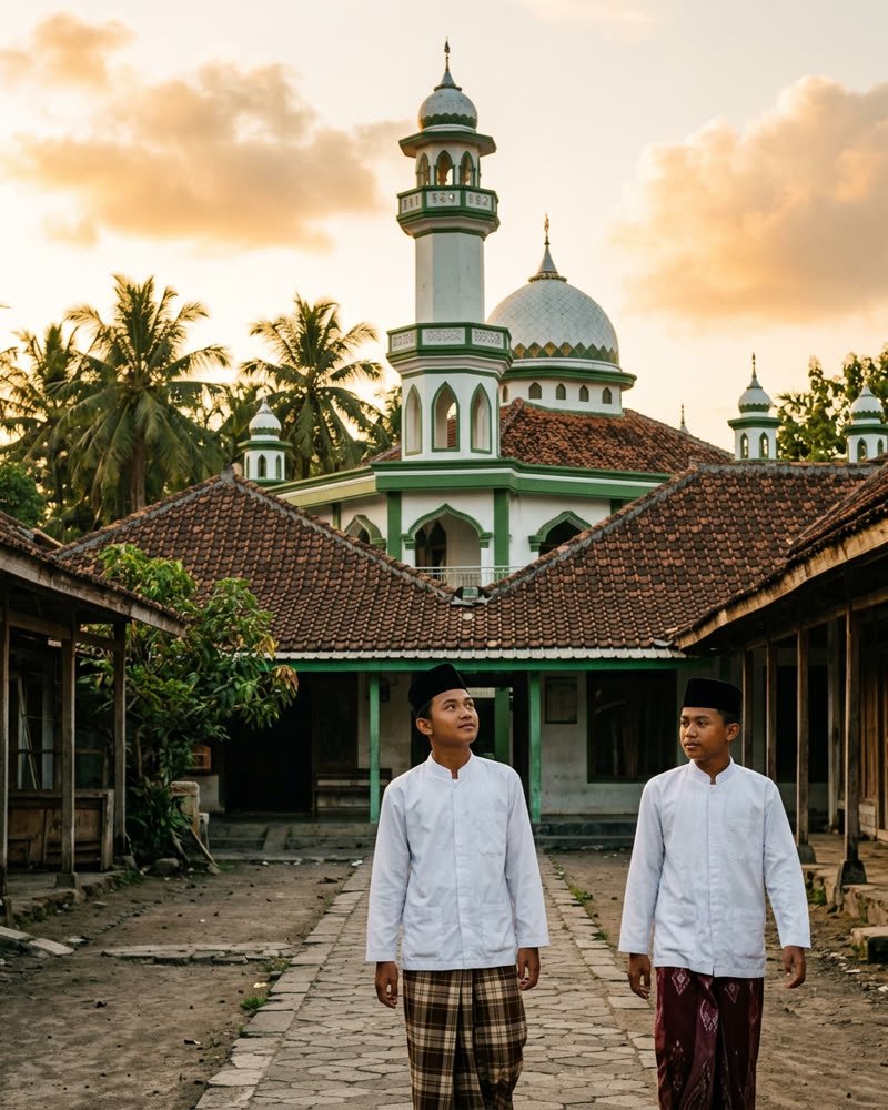 Menara dan kubah masjid pondok pesantren pada waktu petang